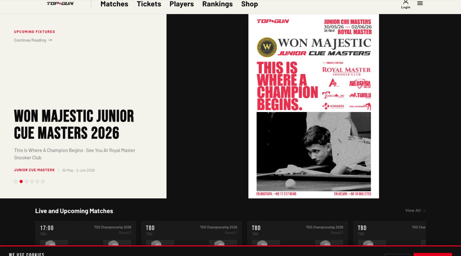 Top Gun Sports championship website with upcoming fixtures